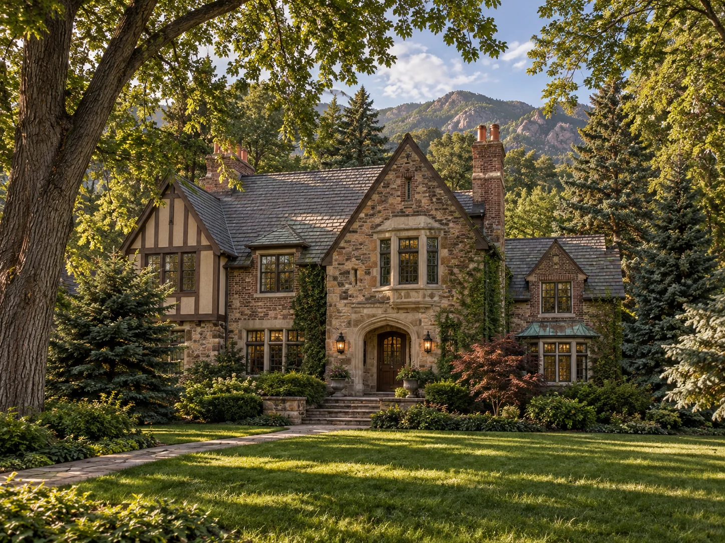 Distinctive Broadmoor Colorado Springs home among mature trees near Cheyenne Mountain