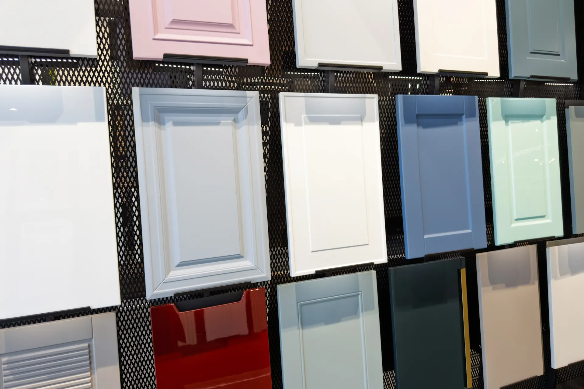 Painted cabinet color samples including white, cream, greige, taupe, navy, and charcoal