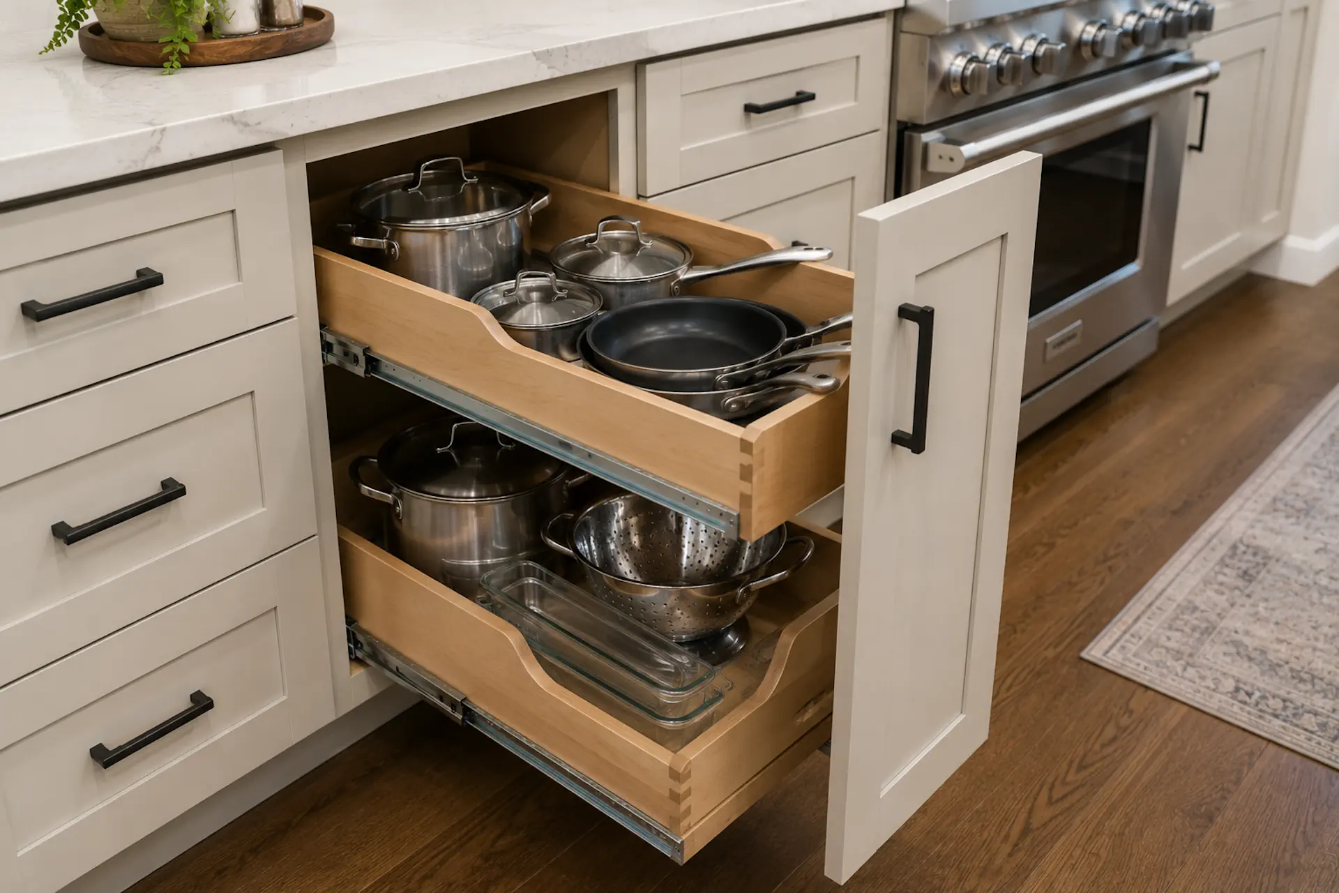 Custom kitchen cabinet pull-out drawers providing organized cookware storage in a Colorado Springs kitchen remodel