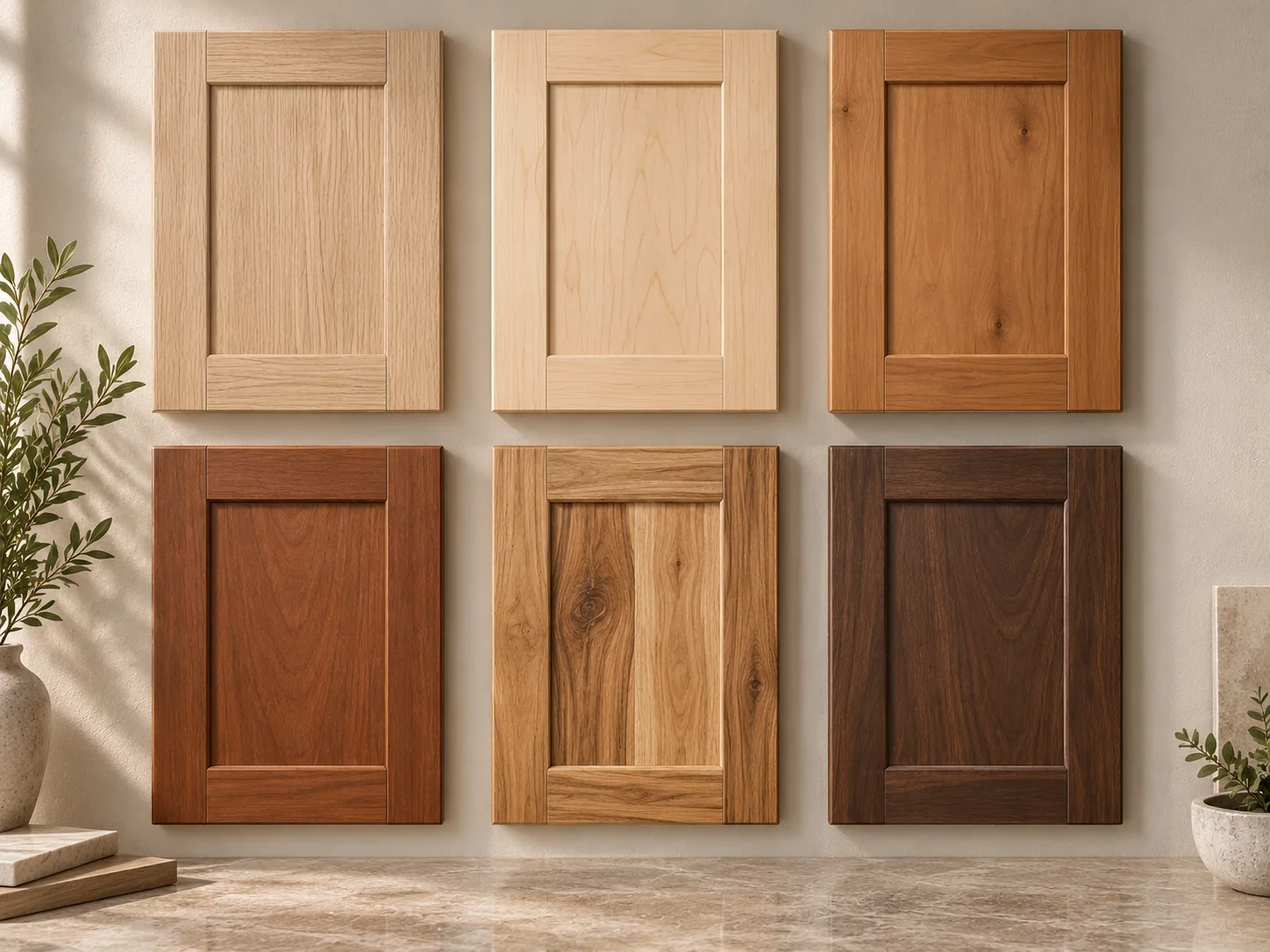 Cabinet stain color samples for alder, cherry, hickory, maple, white oak, and walnut cabinets