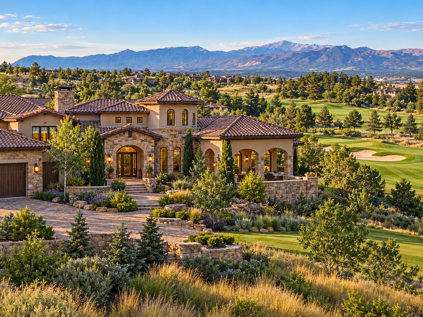 Flying Horse Colorado Springs home overlooking golf-course open space and the Front Range