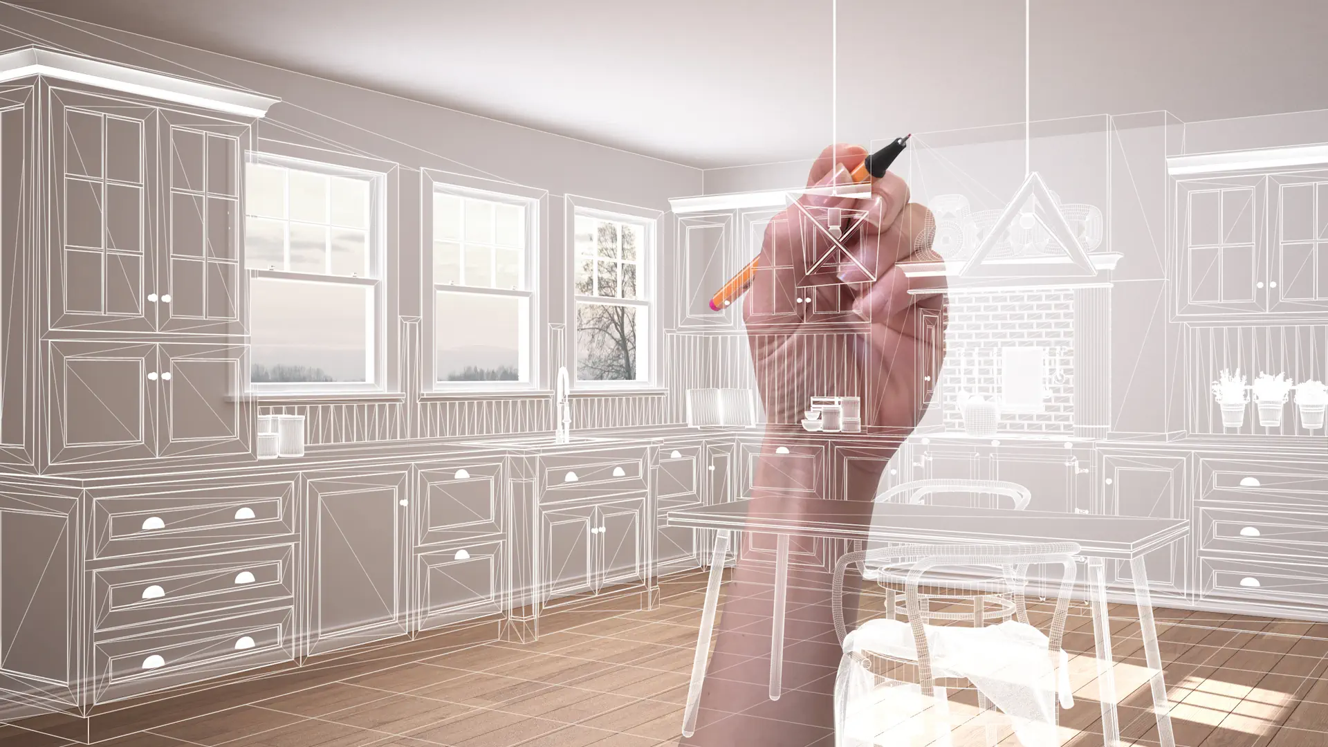 Kitchen layout planning showing island, work triangle, and traffic flow concepts