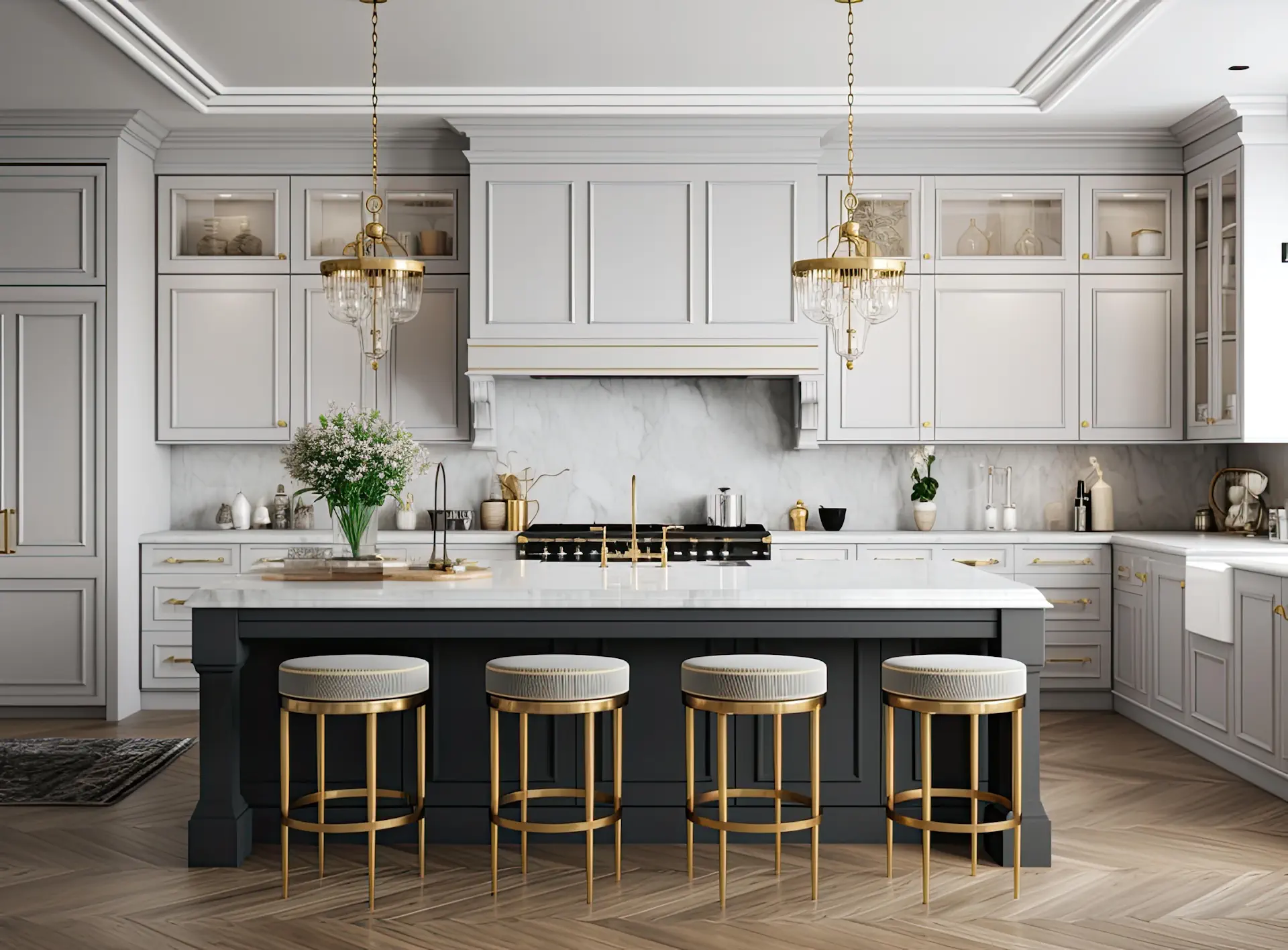 Kitchen remodeling project featuring a large island with seating and custom cabinetry