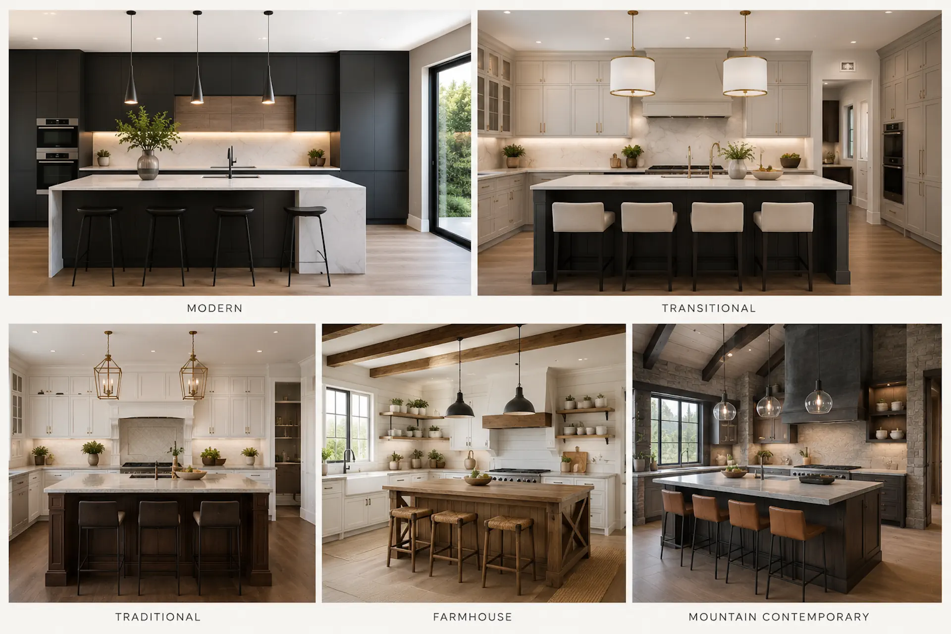 Kitchen style inspiration featuring modern, transitional, traditional, farmhouse, and mountain contemporary designs