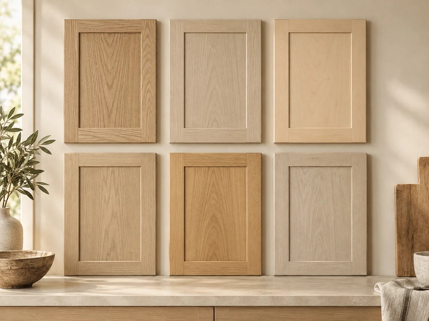 Light natural stain colors on white oak and maple cabinet doors