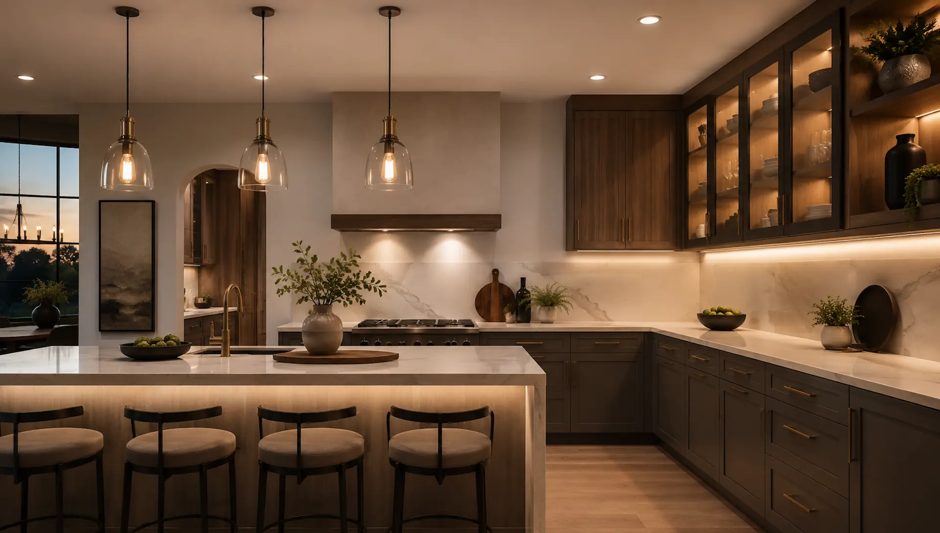Kitchen lighting and fixture selections including pendants and under-cabinet lighting