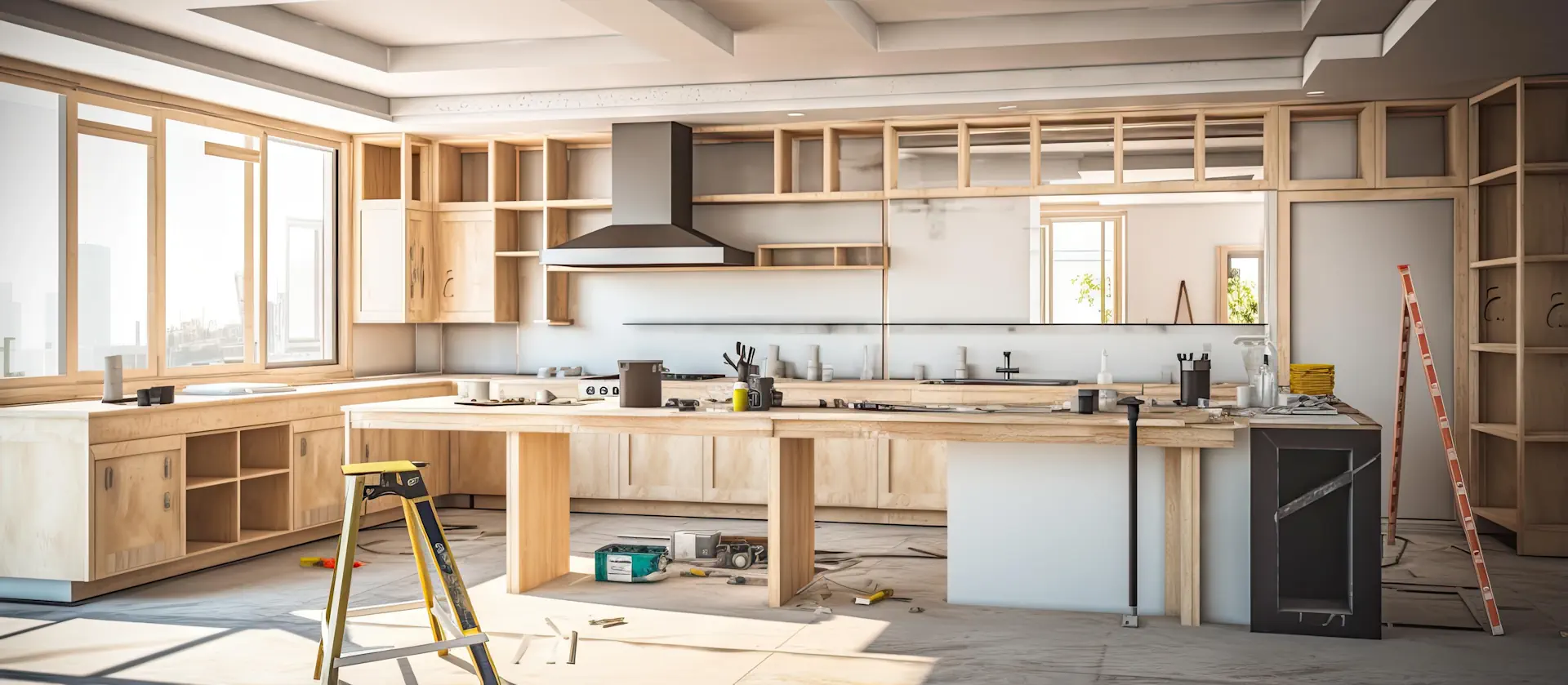 Modern kitchen design features including a large island, custom cabinets, quartz countertops, and under-cabinet lighting