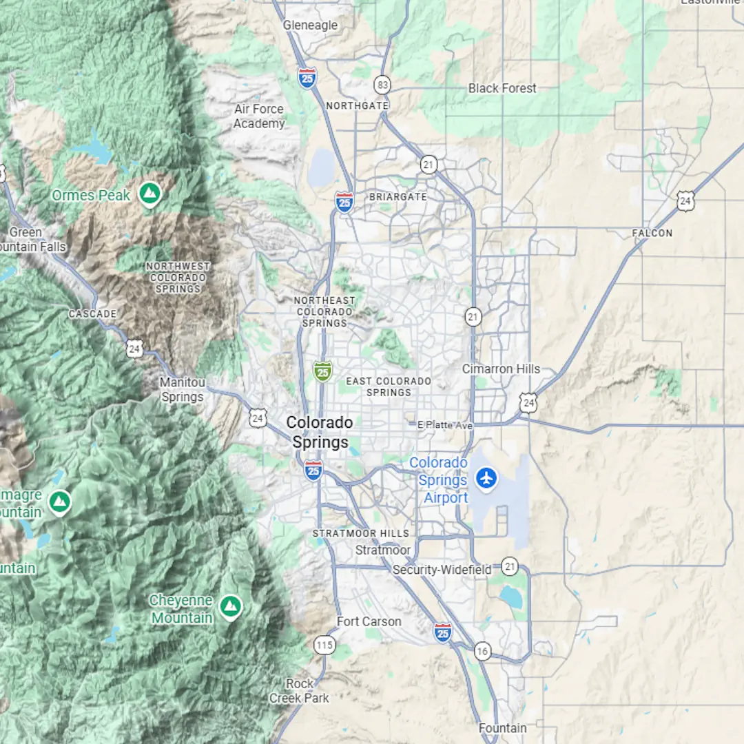 Map showing Case Cabinets kitchen remodeling service areas in Colorado Springs, Monument, Black Forest, Falcon, Peyton, Briargate, Flying Horse, Northgate, Broadmoor, and Woodland Park