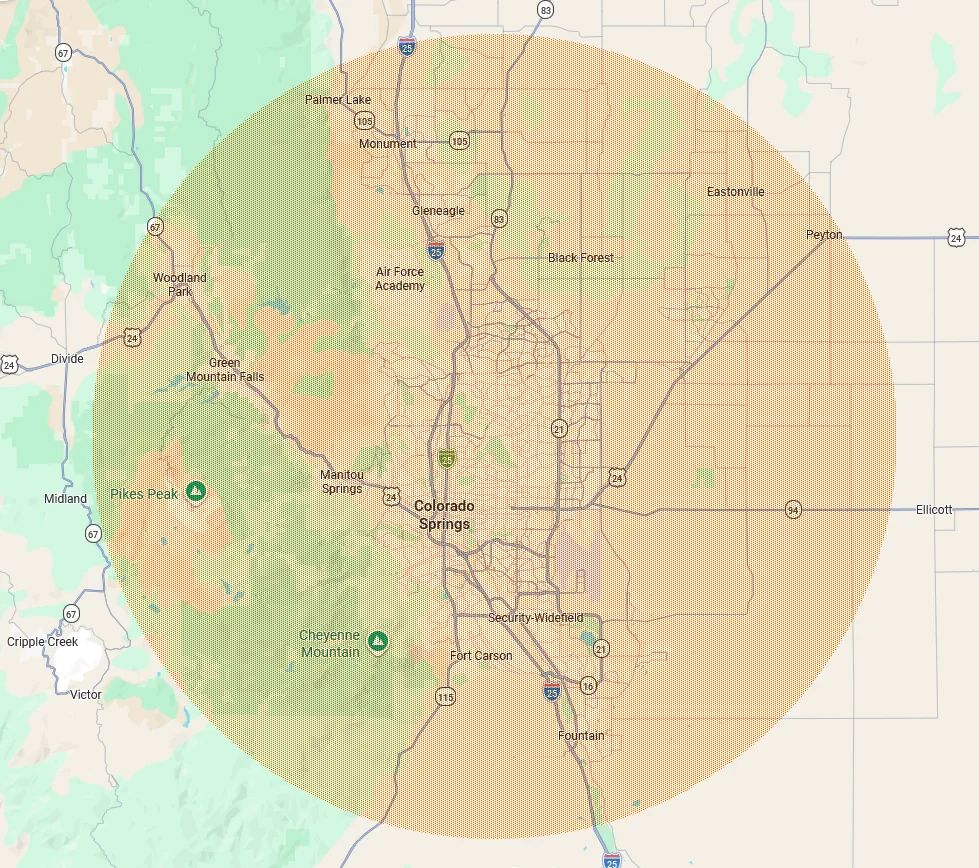 Map of Case Cabinets kitchen remodeling and custom cabinet service areas near Colorado Springs