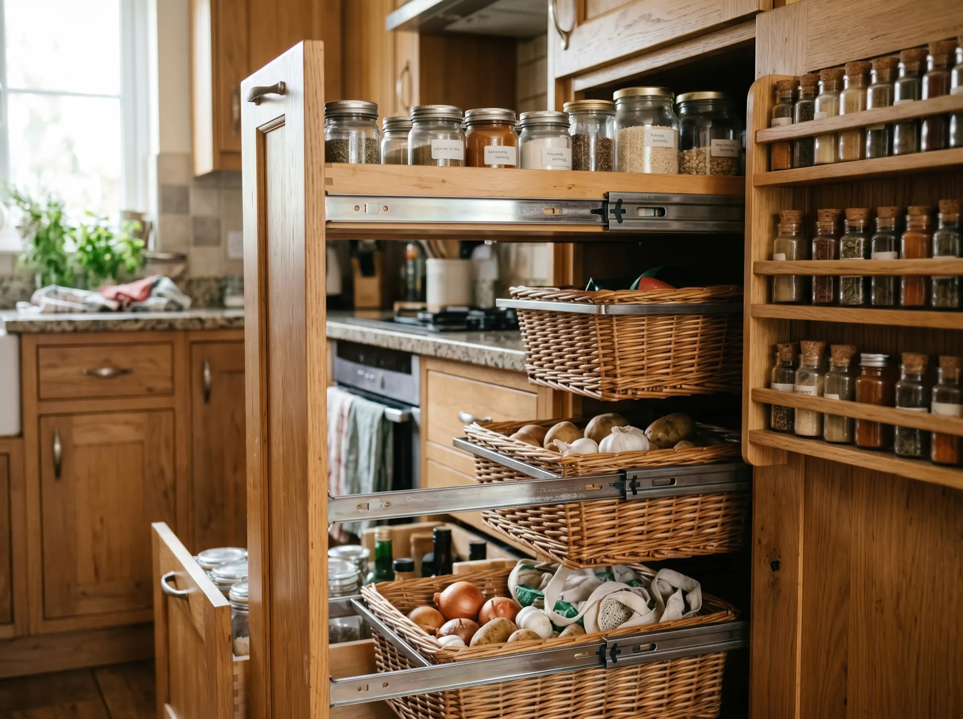Custom cabinet storage solutions including pull-out shelves, spice storage, pantry organization, and built-in storage