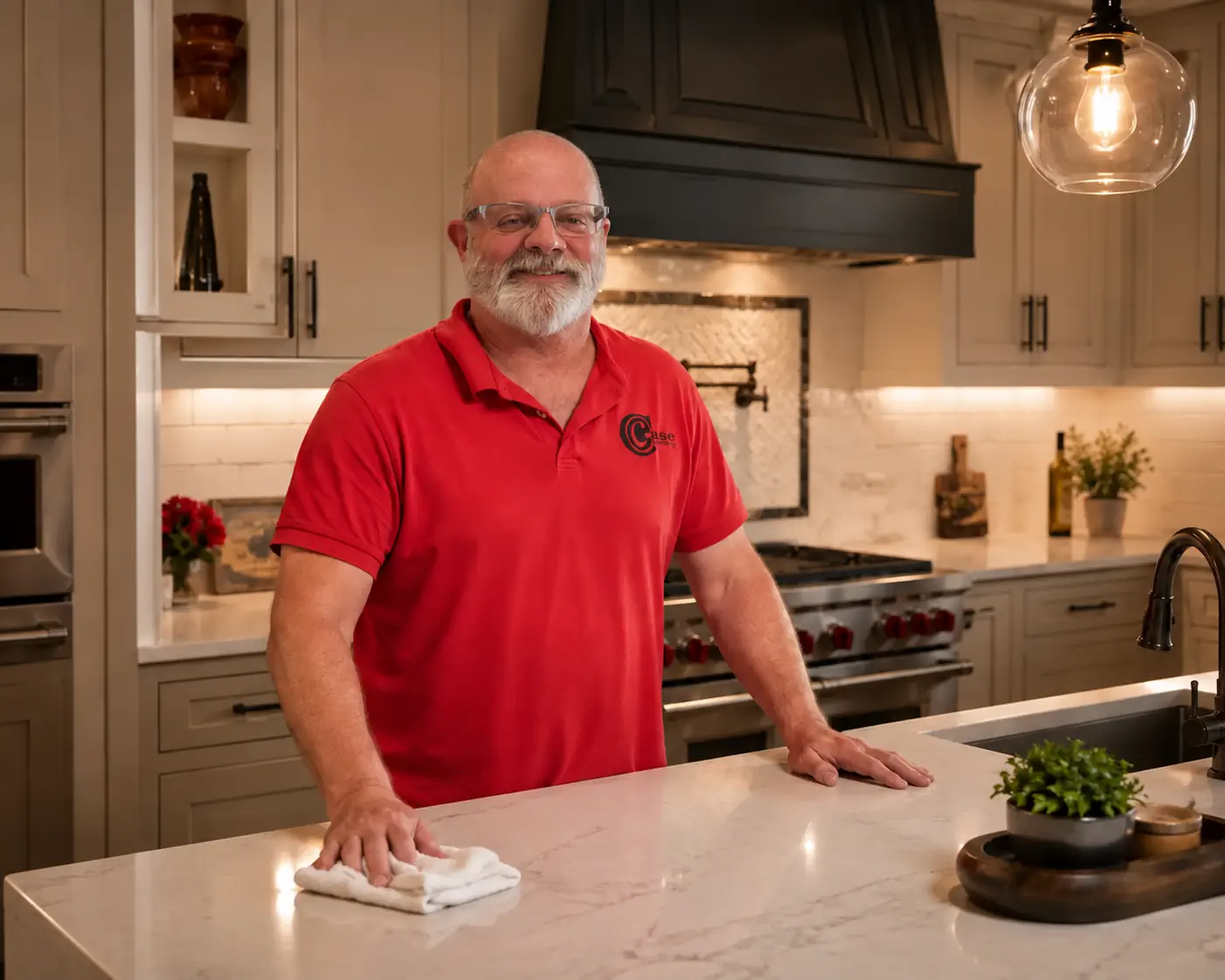 Troy Case standing in a completed kitchen remodel with custom cabinetry