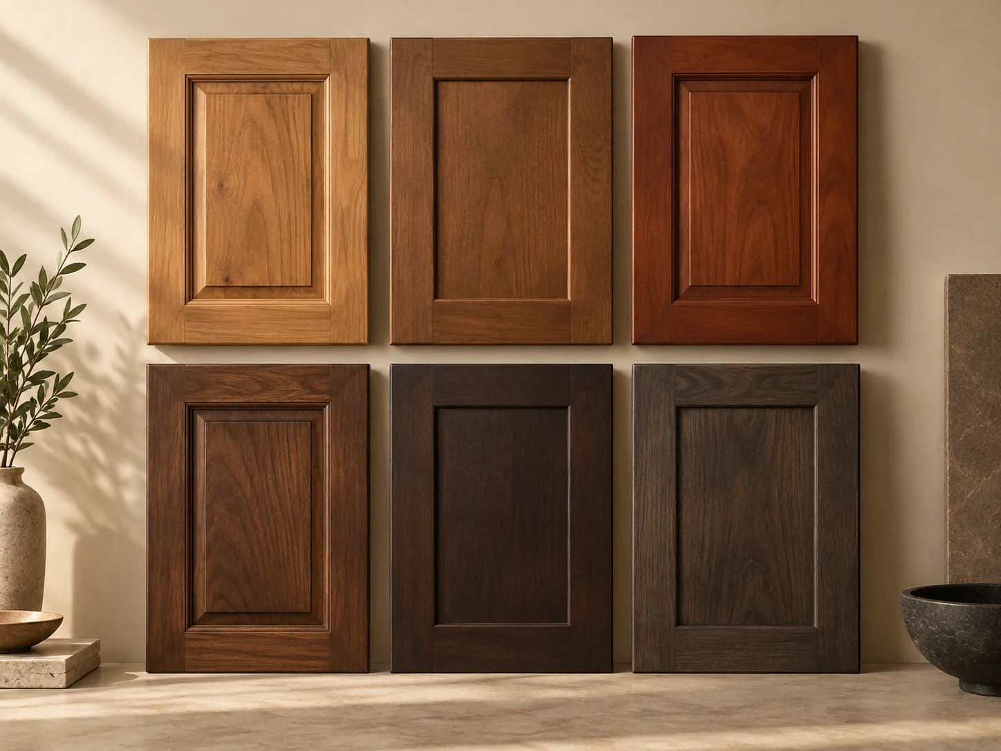 Warm medium and rich dark stain colors on custom cabinet doors