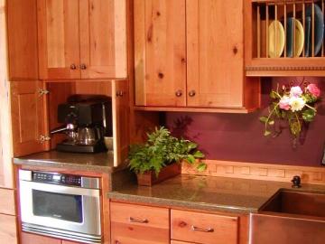 Wood Cabinets With Dish Shelf And Farm Sink